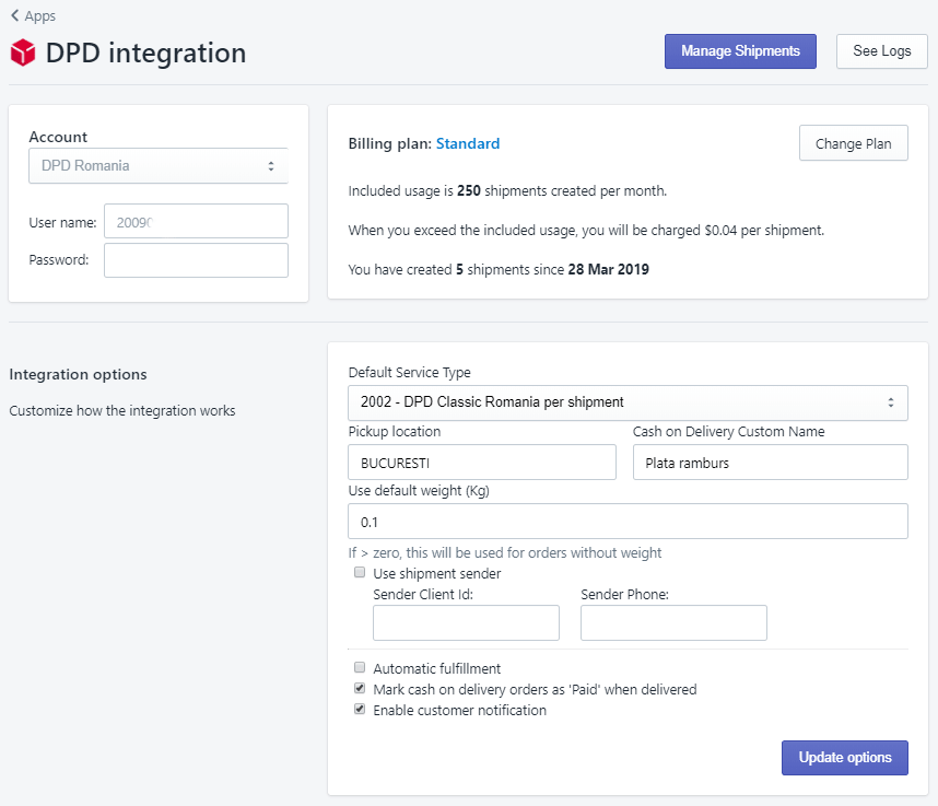DPD Romania app screenshot options page
