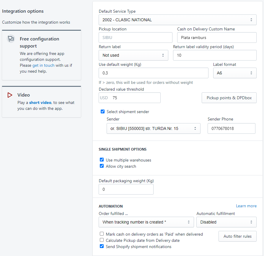 DPD Romania screenshot pagina de optiuni