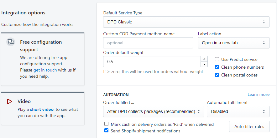 DPD Hungary app screenshot options page