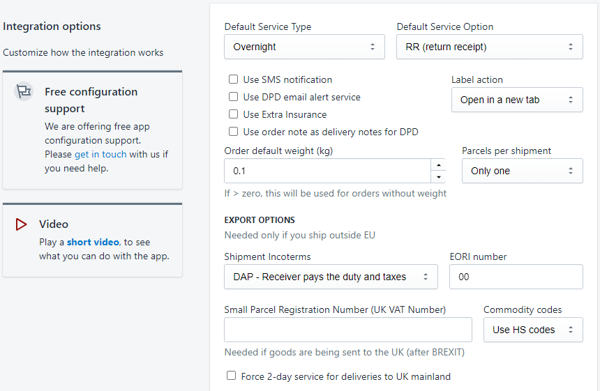 DPD Ireland app screenshot options page