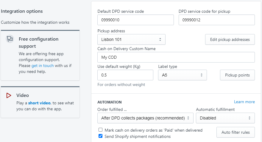 DPD Portugal app screenshot options page