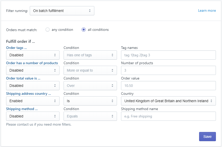 Automatic filtering rules for orders