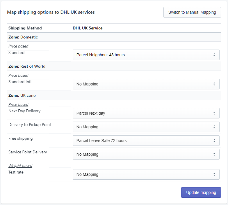 Shipping method mapping to DHL services