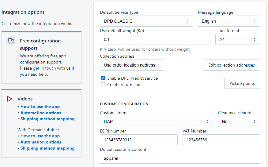 DPD Belgium and Luxembourg app screenshot options page