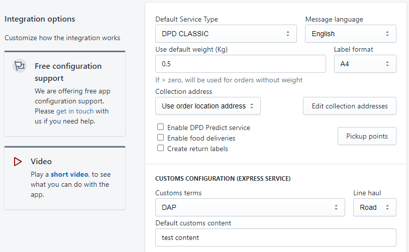 DPD Germany app screenshot options page