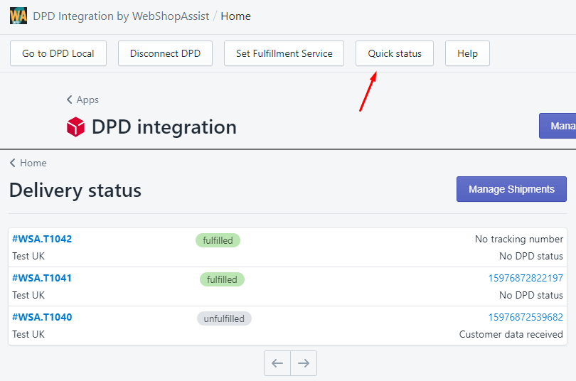 DPD Quick status page on desktop