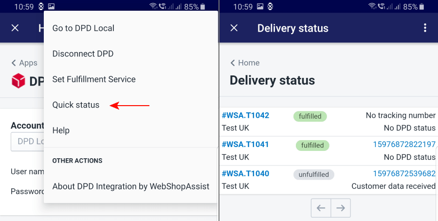 DPD Quick status page on mobile phone