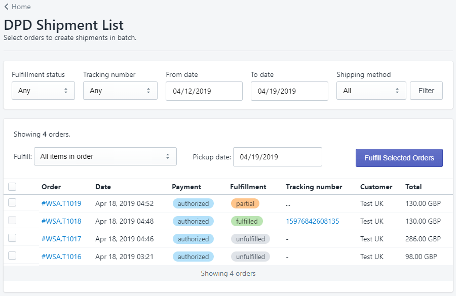 DPD shipment list and batch generation page