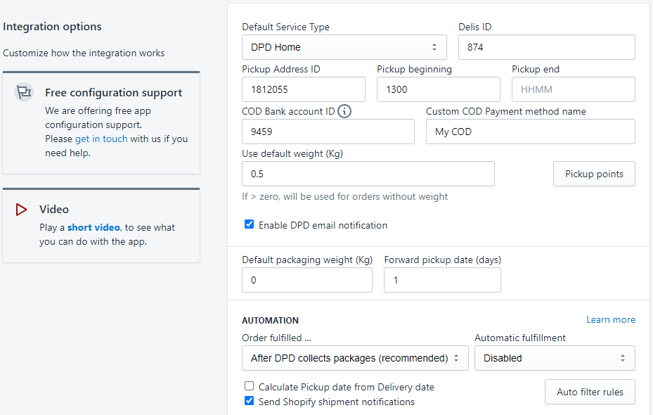 DPD Slovakia app screenshot options page