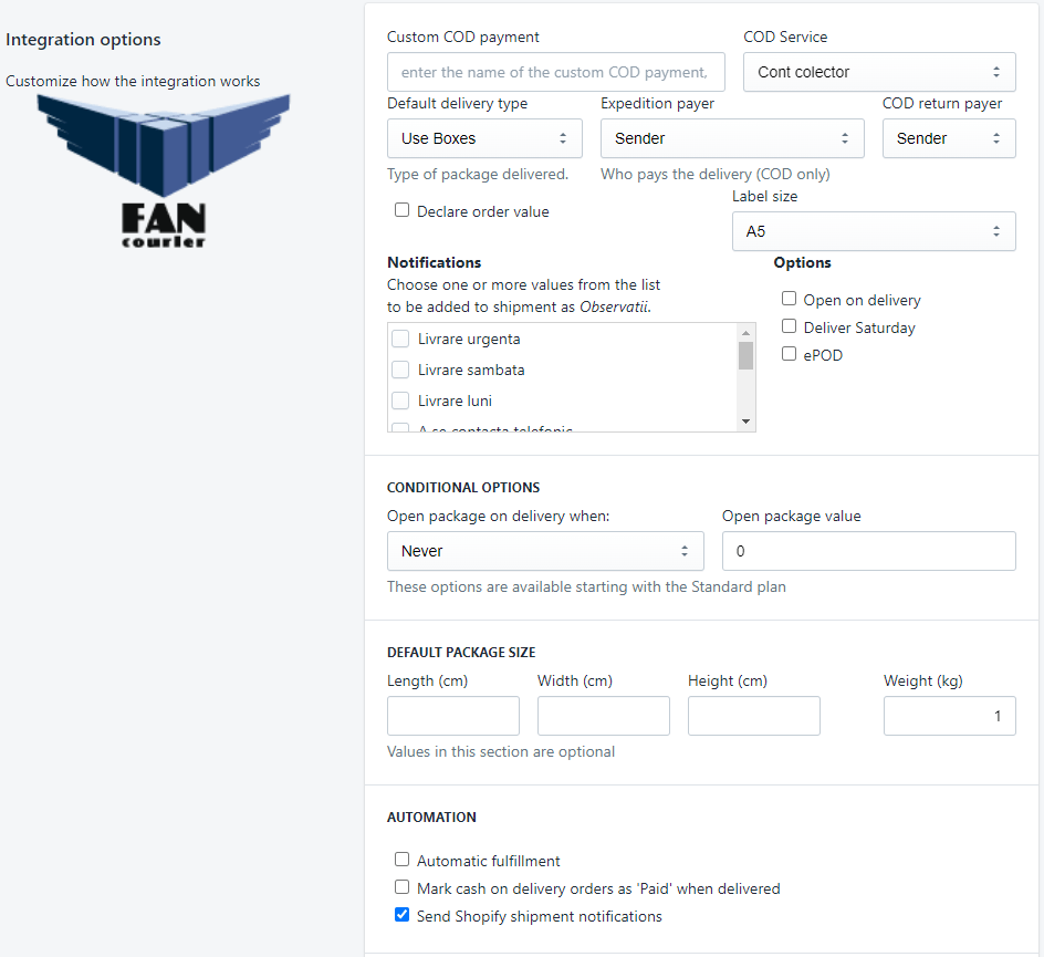 FAN Courier - Shopify integration options