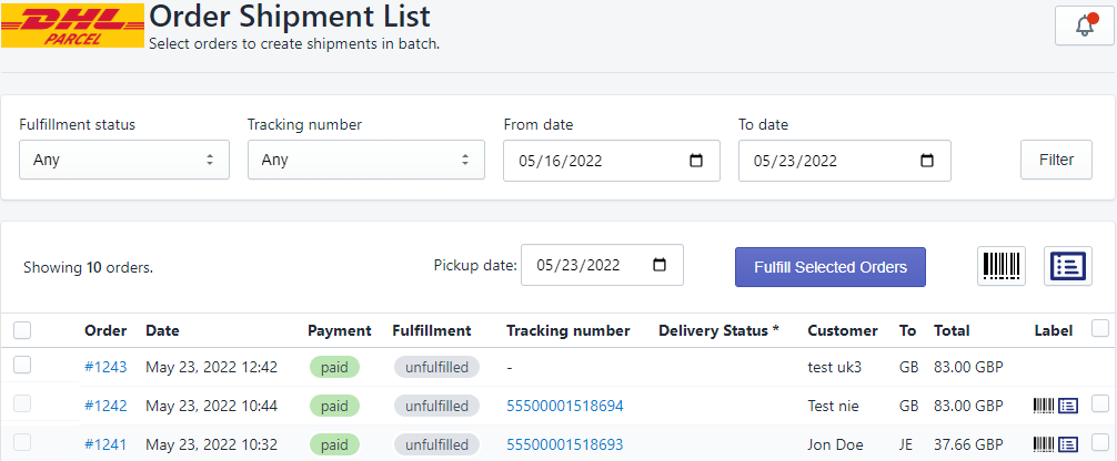 DHL order shipment list and batch generation page