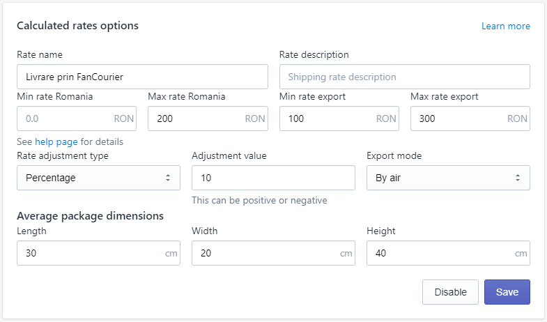 FanCourier calculated shipping rates