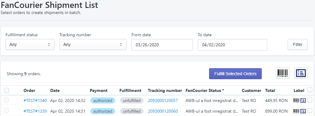 FAN Courier shipment list and batch generation page