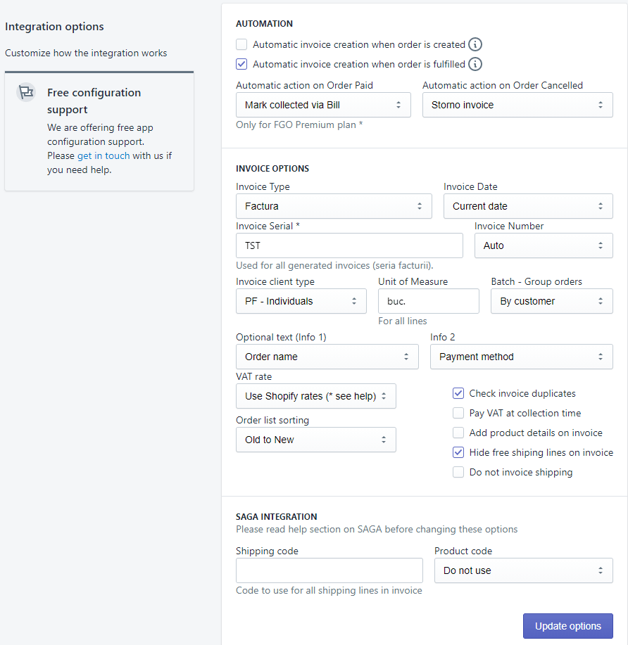 Ecran optiuni ale aplicatiei FGO