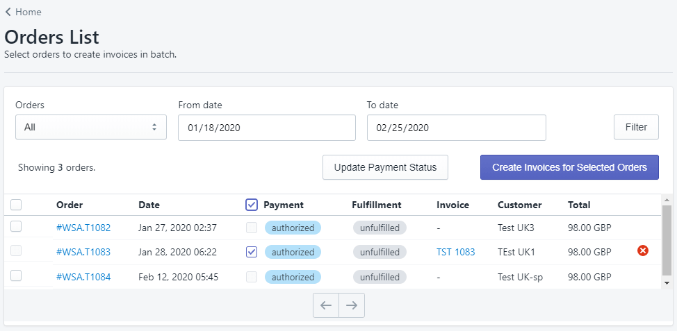 FGO app batch invoice page