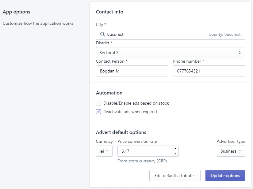 OLX app screenshot options page