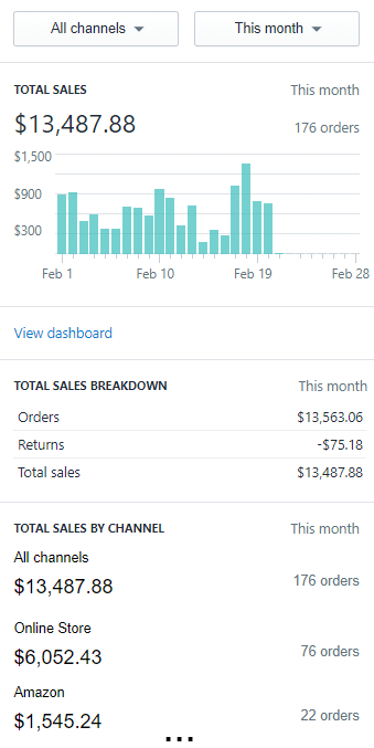 Sales Channels dashboard on Shopify home