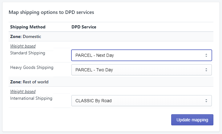 Shipping method mapping to DPD services