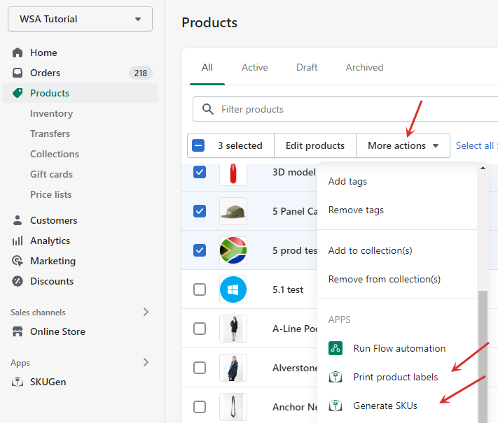 SKU product list selection