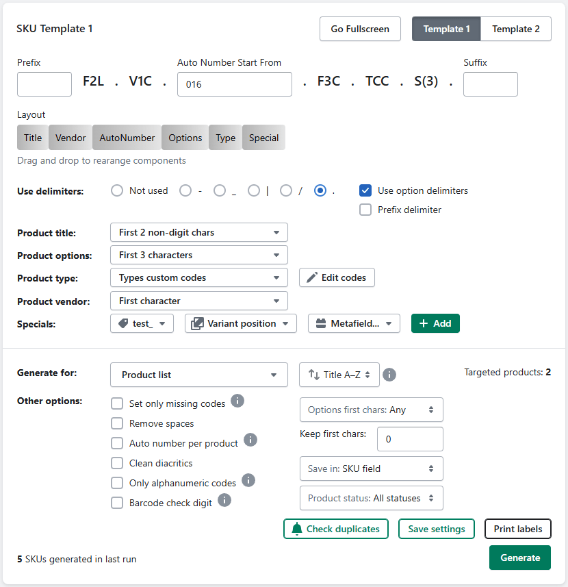 SKU template page