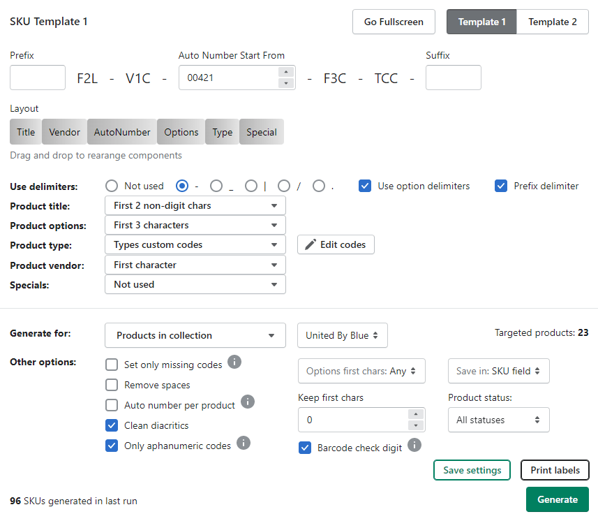 SKU template page