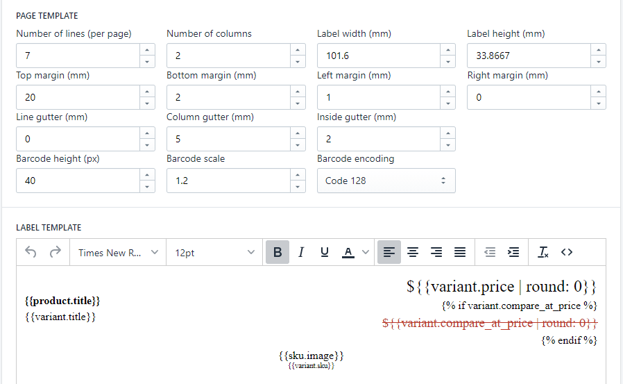 SKUGen label template configuration