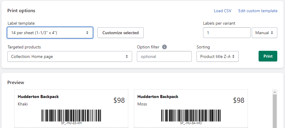 SKUGen product label printing page