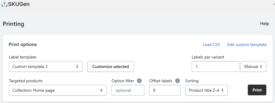 Options to print labels in Shopify with SKUGen