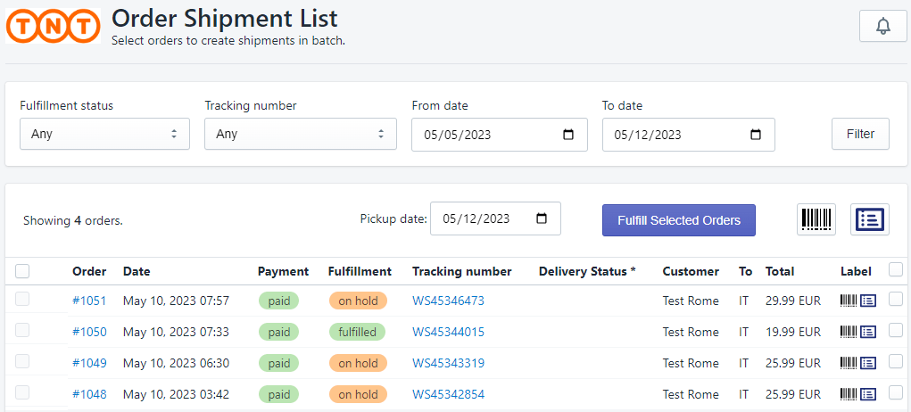 TNT order shipment list and batch generation page