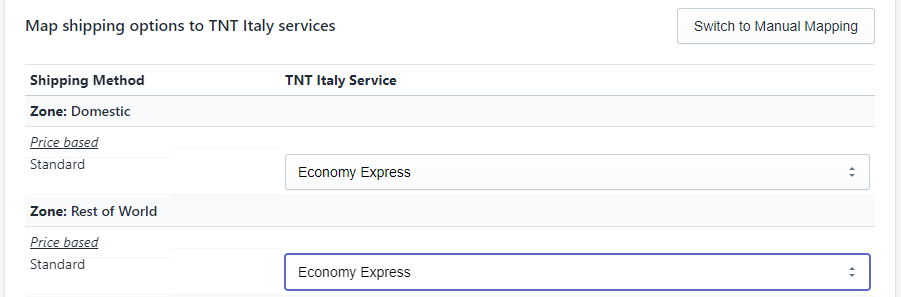 Shipping method mapping to TNT services