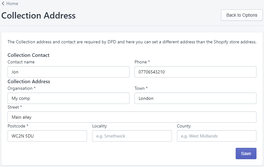 Form to edit DPD UK collection address